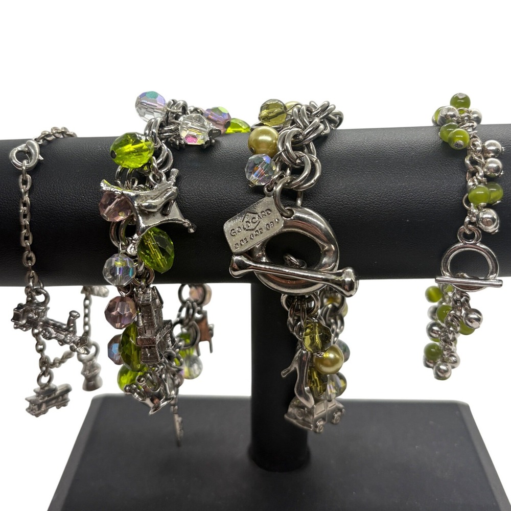 Vintage Charm Bracelet Lot Silver Tone Green Glass Beads Castle Train 4pc Set